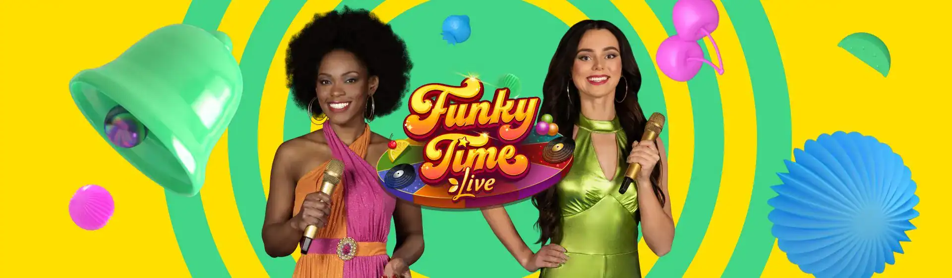 Funky Time Live game show presentatoren in jaren '70 stijl.